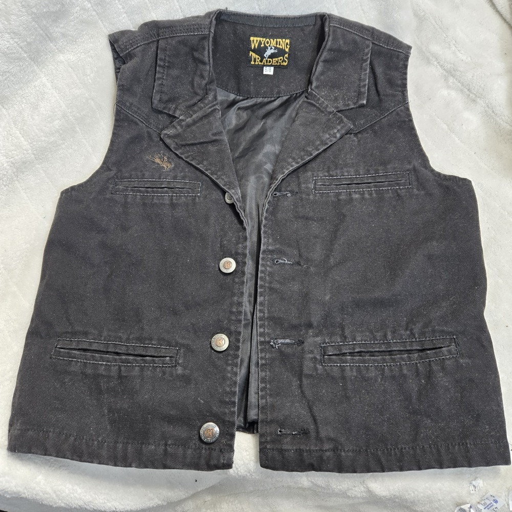Wyoming Traders Canva Vest Sz 6/8 Black Elastic Waist Pockets Western Lined‎